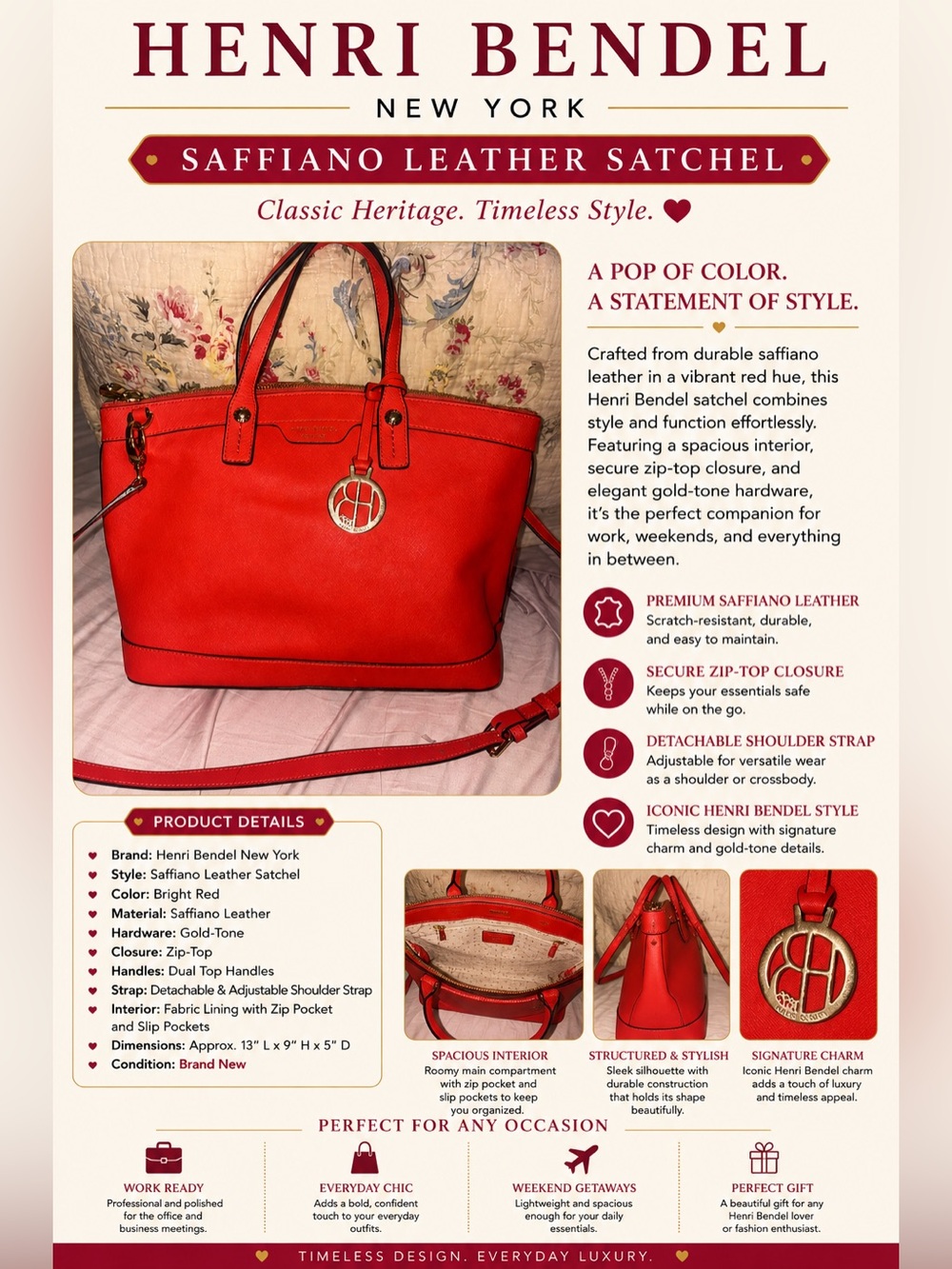 henri bendel red saffiano leather satchel with gold hardware